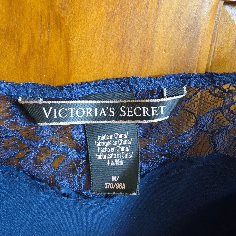 Victoria's Secret Medium Chemise Women Navy Blue Satin Lace Trim Slip Dress 0317